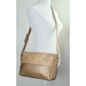Vintage SAS Metallic Bronze Gold Crossbody Purse Handbag Croc Accents